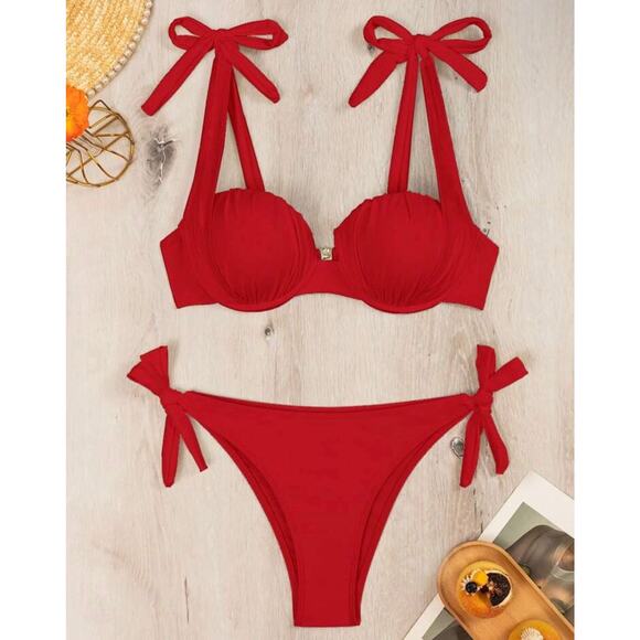 SHEIN Red Swim Summer Beach
Women's Solid Color Pleated Bikini Set - Picture 4 of 5